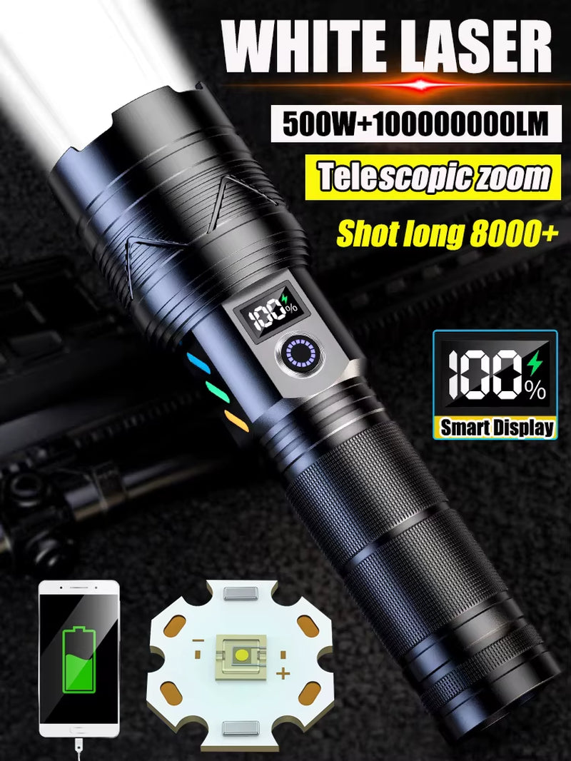 99000000000 Lumens LED Headlight Headlamp Power Lantern Flashlight 10000 Meters USB Rechargeable Headlight with Smart Display
