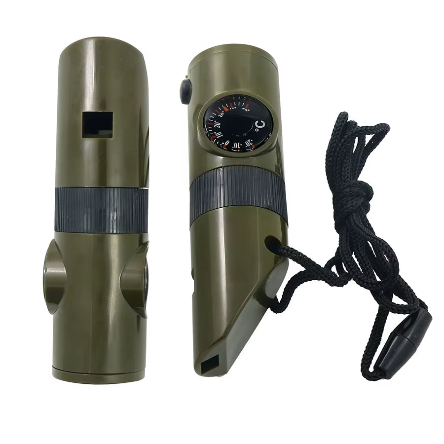 7-In-1 Multi-Function Portable Survival Whistle，High-Strength Compass Magnifying Glass Signal Mirror Thermometer Flashlight