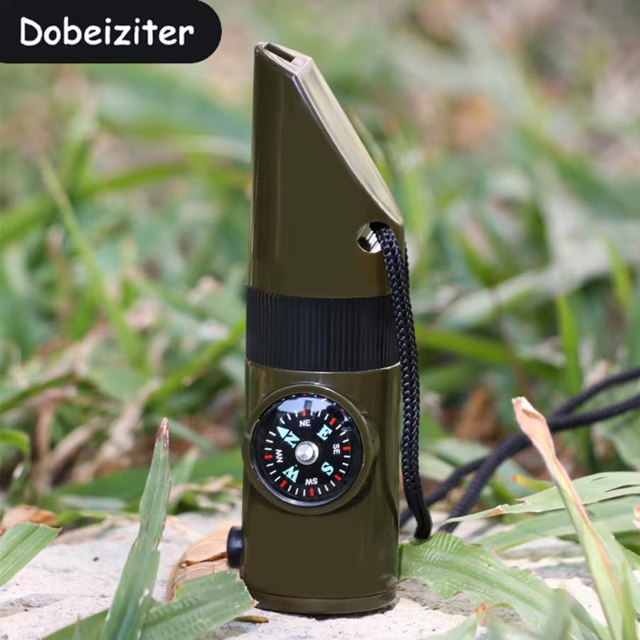 7-In-1 Multi-Function Portable Survival Whistle，High-Strength Compass Magnifying Glass Signal Mirror Thermometer Flashlight