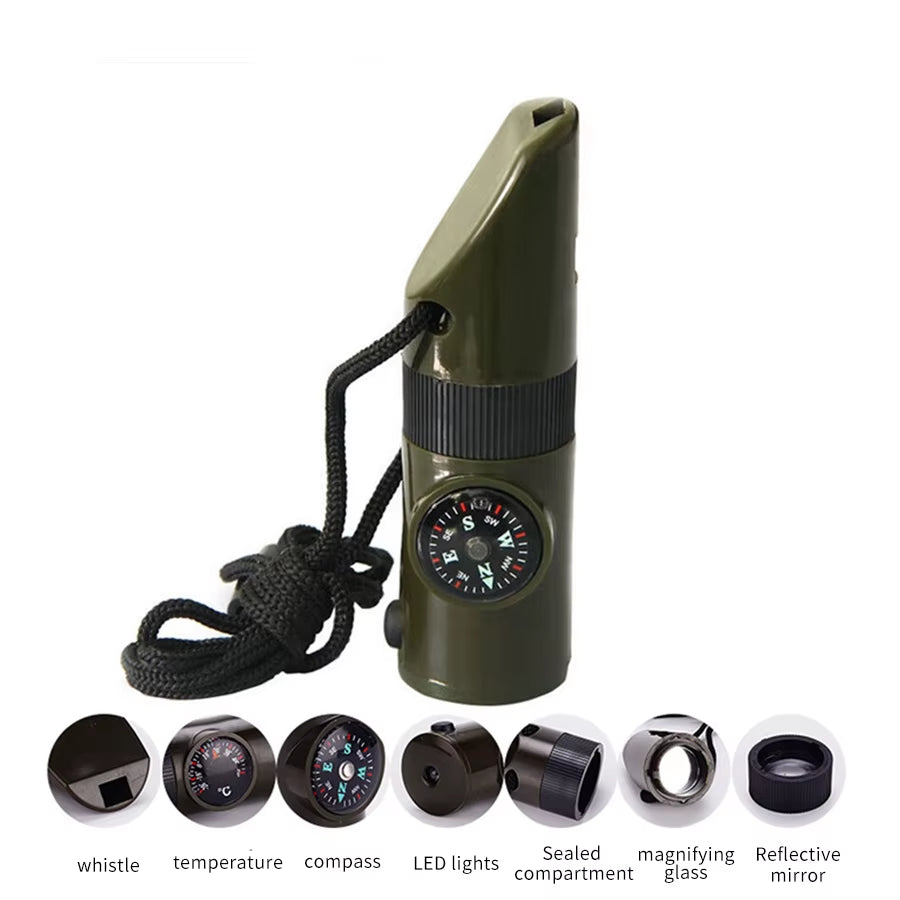 7-In-1 Multi-Function Portable Survival Whistle，High-Strength Compass Magnifying Glass Signal Mirror Thermometer Flashlight