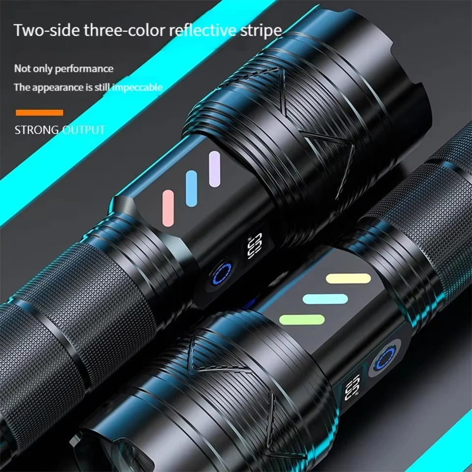 99000000000 Lumens LED Headlight Headlamp Power Lantern Flashlight 10000 Meters USB Rechargeable Headlight with Smart Display