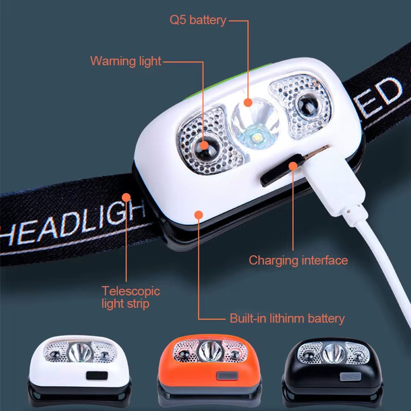 LED Head Light Sensor Headlight USB Rechargeable Head Torch Light Front Led Head Flashlight Super Bright Waterproof Headlamp