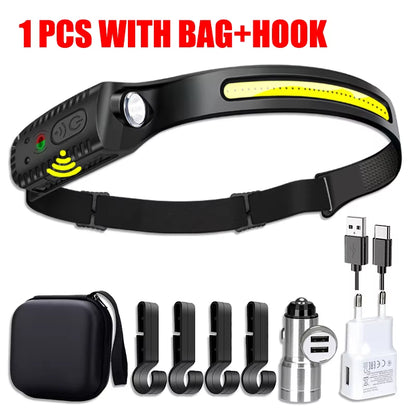 1-5PCS LED Indication Headlamp Rechargeable Head Flashlight 1200Mah Built in Battery Outdoor Camping Fishing Headlight Lantern