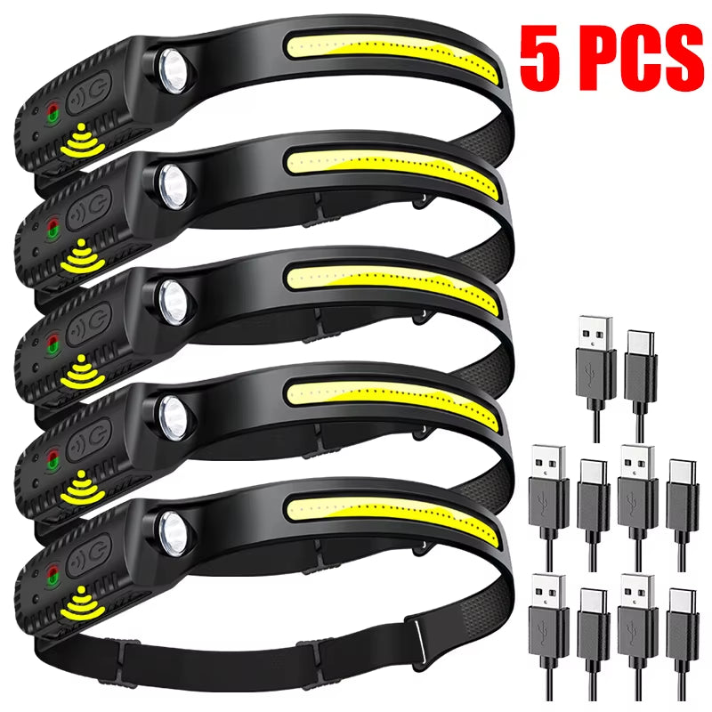1-5PCS LED Indication Headlamp Rechargeable Head Flashlight 1200Mah Built in Battery Outdoor Camping Fishing Headlight Lantern