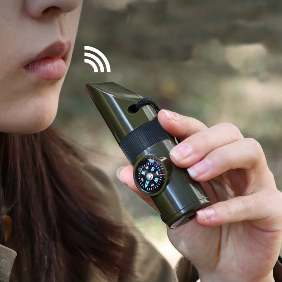 7-In-1 Multi-Function Portable Survival Whistle，High-Strength Compass Magnifying Glass Signal Mirror Thermometer Flashlight