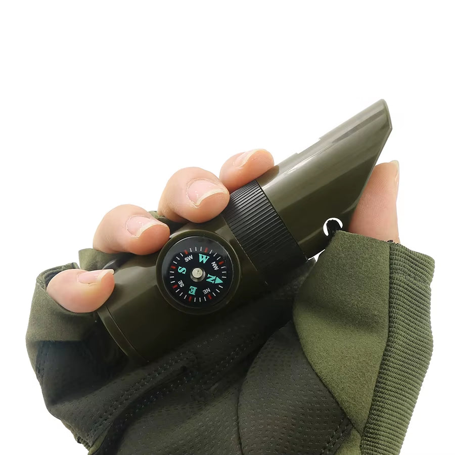 7-In-1 Multi-Function Portable Survival Whistle，High-Strength Compass Magnifying Glass Signal Mirror Thermometer Flashlight