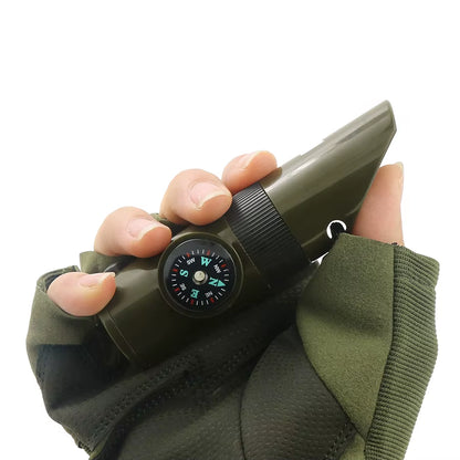 7-In-1 Multi-Function Portable Survival Whistle，High-Strength Compass Magnifying Glass Signal Mirror Thermometer Flashlight