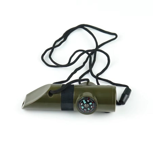 7-In-1 Multi-Function Portable Survival Whistle，High-Strength Compass Magnifying Glass Signal Mirror Thermometer Flashlight